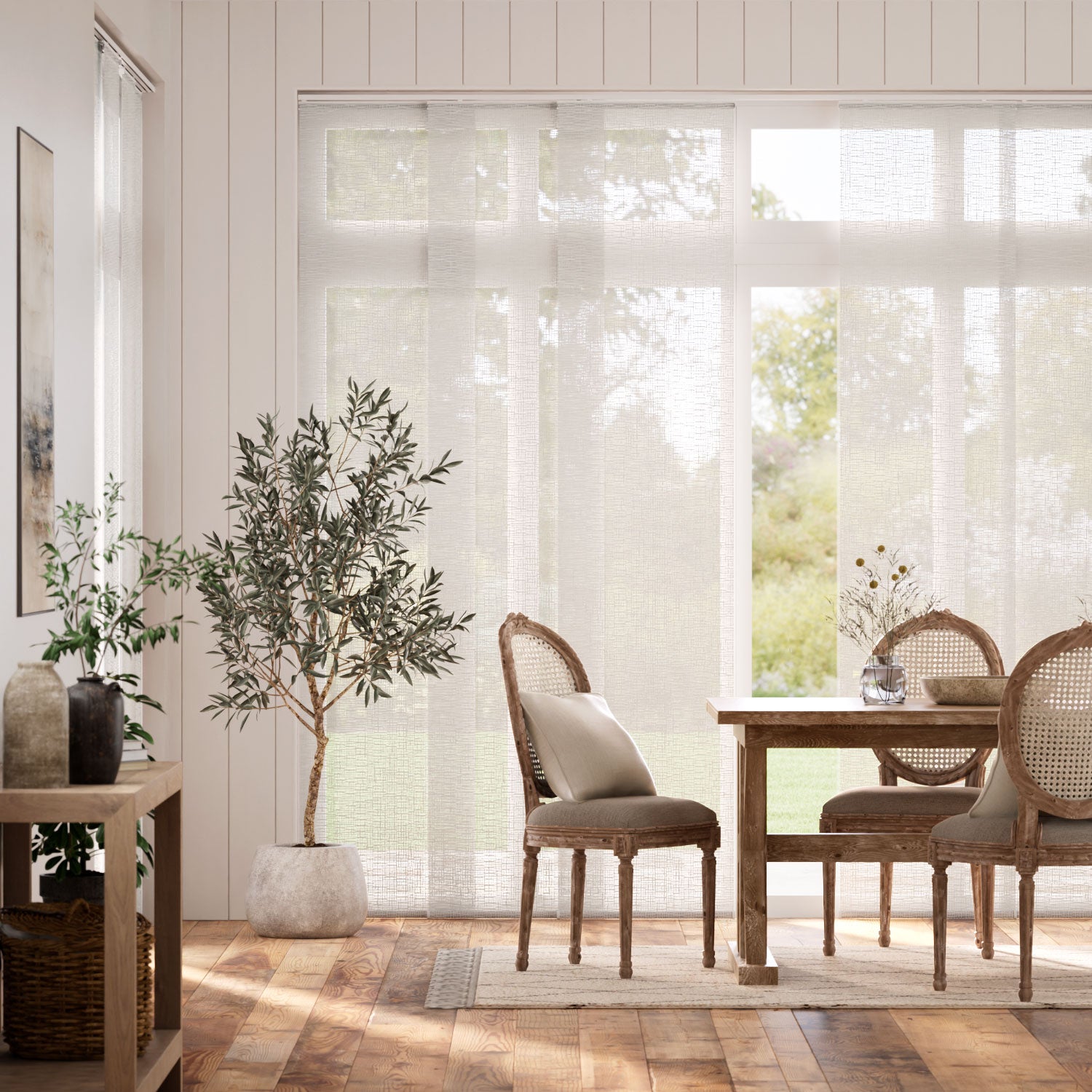 Colorized Oriel Voile Whitewash Panel Blind 2690