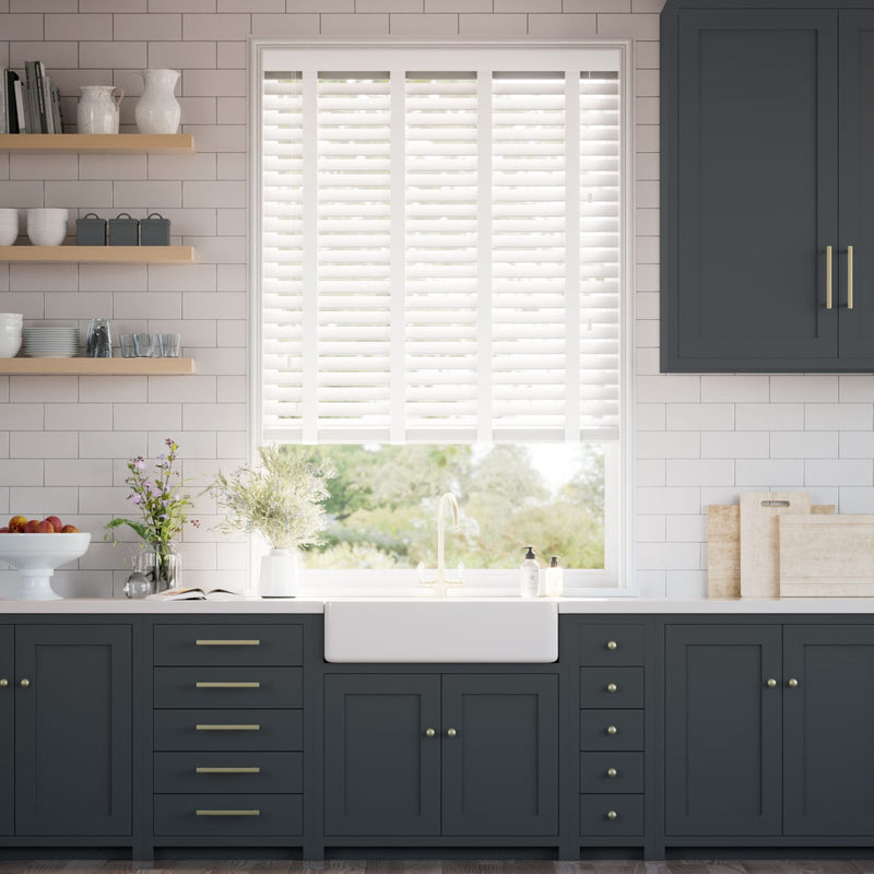 Colorized Pristine White & Tundra Faux Wood Blind - 50mm Slat 8815