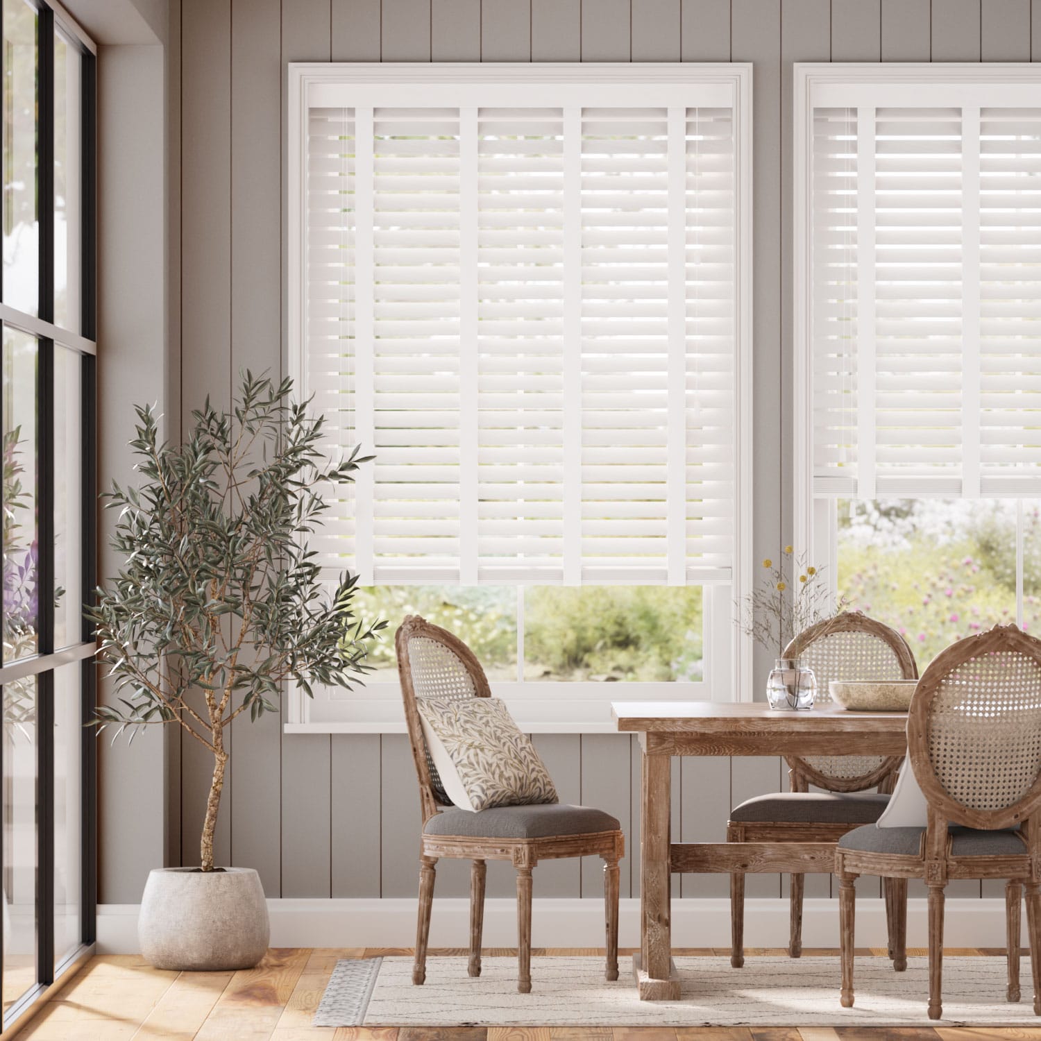 Colorized Ice White & White Faux Wood Blind - 50mm Slat 3284