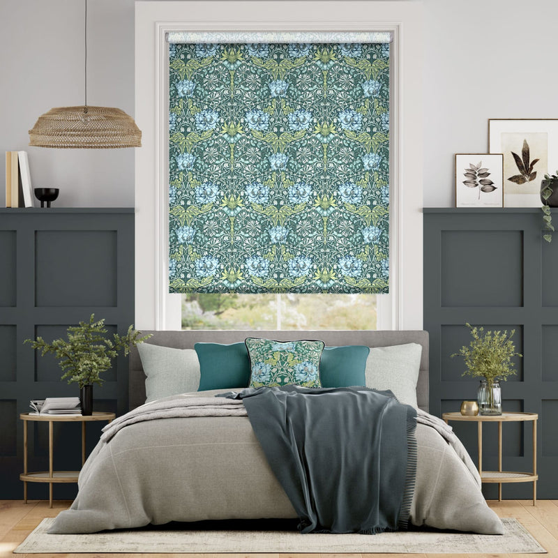 Colorized William Morris Honeysuckle and Tulip Velvet Moonstone Roller Blind 3947
