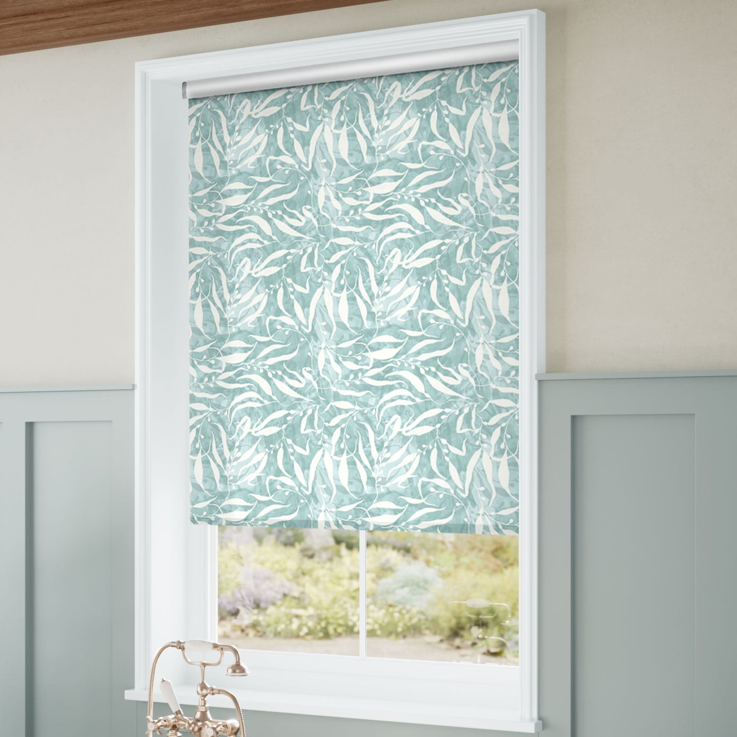 ColorizedZoom Splash Blackout Sea Kelp Soft Teal Roller Blind 4423