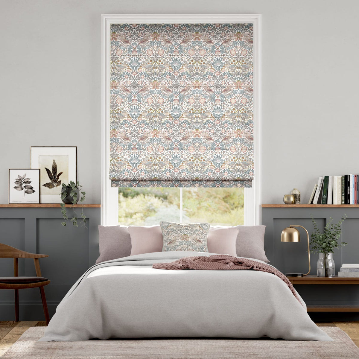 Colorized William Morris Strawberry Thief Rose Chalk Roman Blind 7092