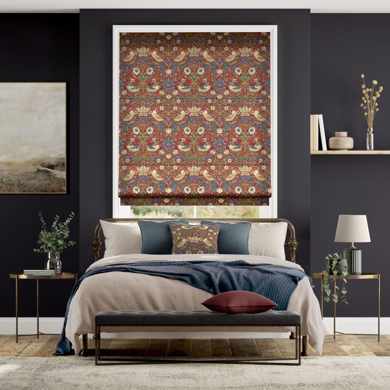 Colorized William Morris Strawberry Thief Harissa Red Roman Blind 7088