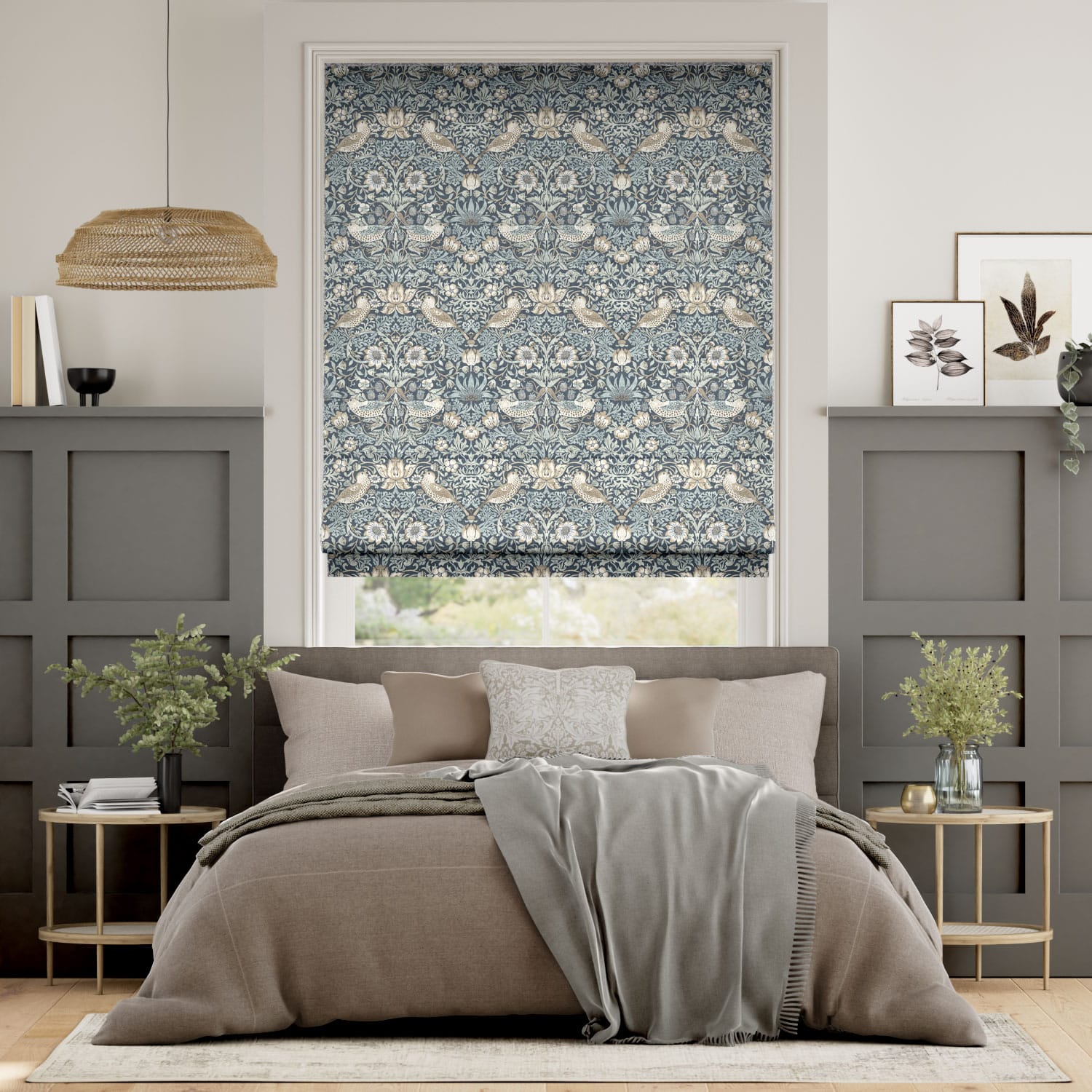 Colorized William Morris Strawberry Thief Tawny Blue Roman Blind 7094