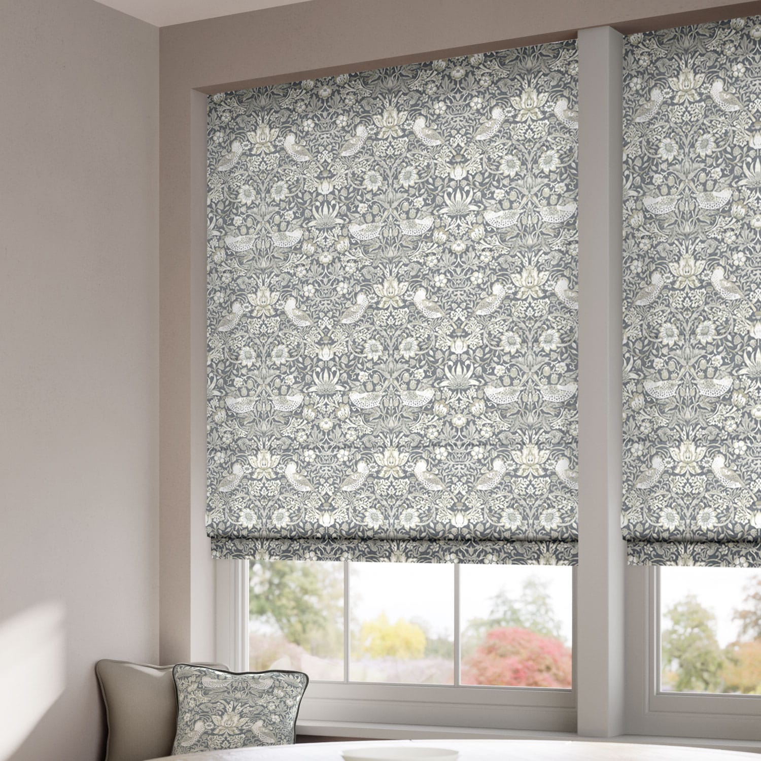 ColorizedZoom William Morris Strawberry Thief Manor Grey Roman Blind 7090