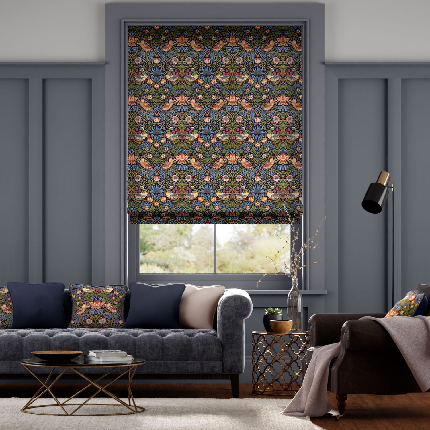 Colorized William Morris Strawberry Thief Jewel Roman Blind 8951
