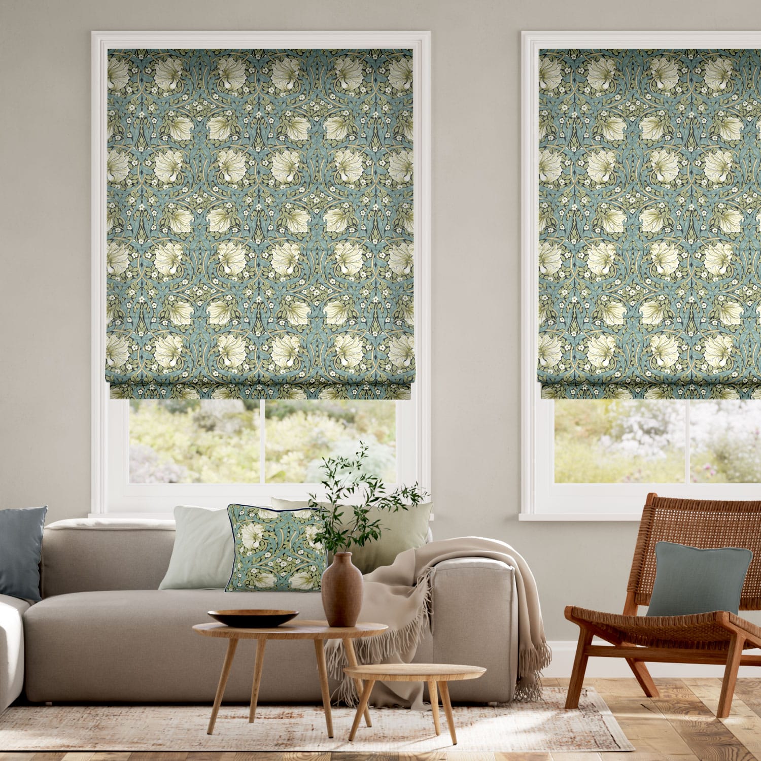 Colorized Electric William Morris Pimpernel Sage Roman Blind 7360