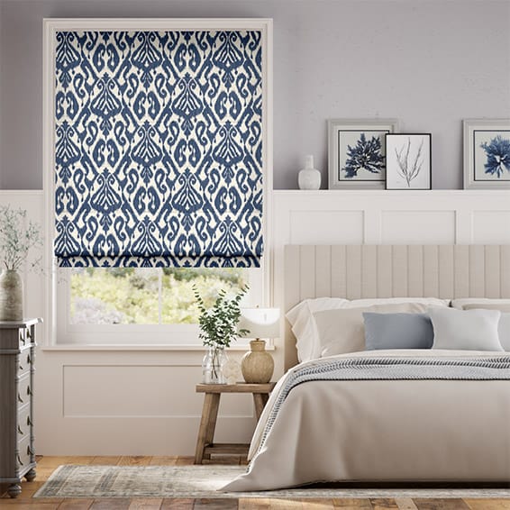 Colorized Ikat Damask Ink Blue Roman Blind 7378