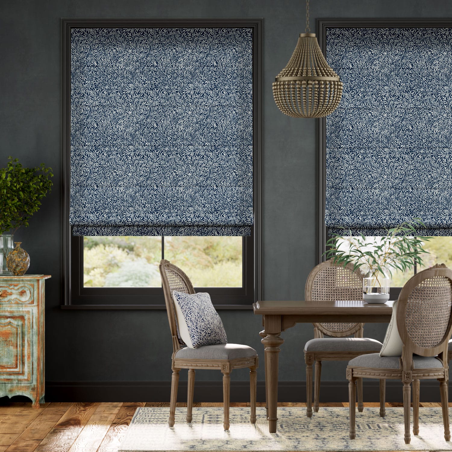 Colorized William Morris Willow Ink Roman Blind 7482