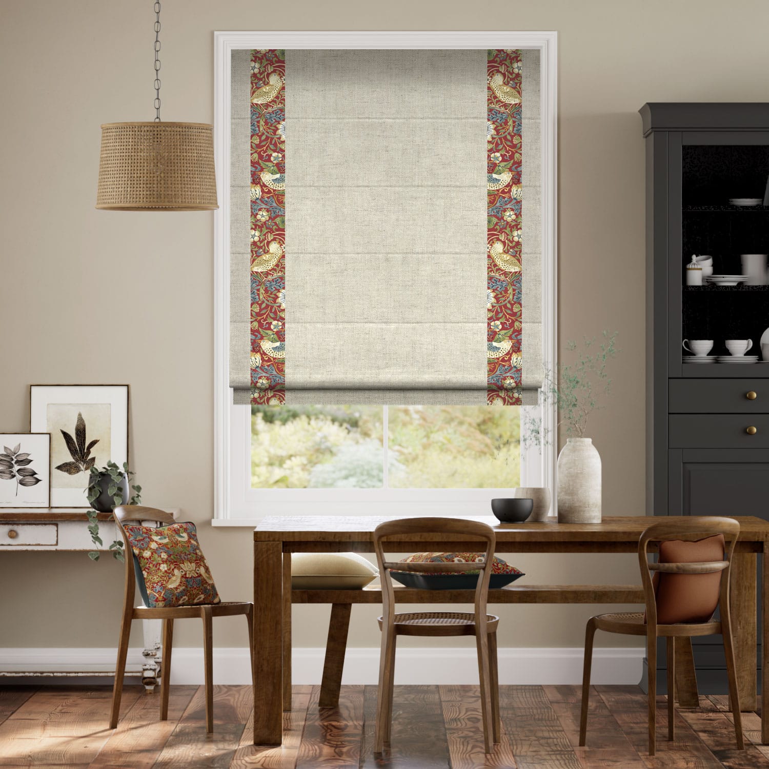 Colorized William Morris Strawberry Thief Harissa Red & Paleo Linen Vintage Cream Roman Blind 7642