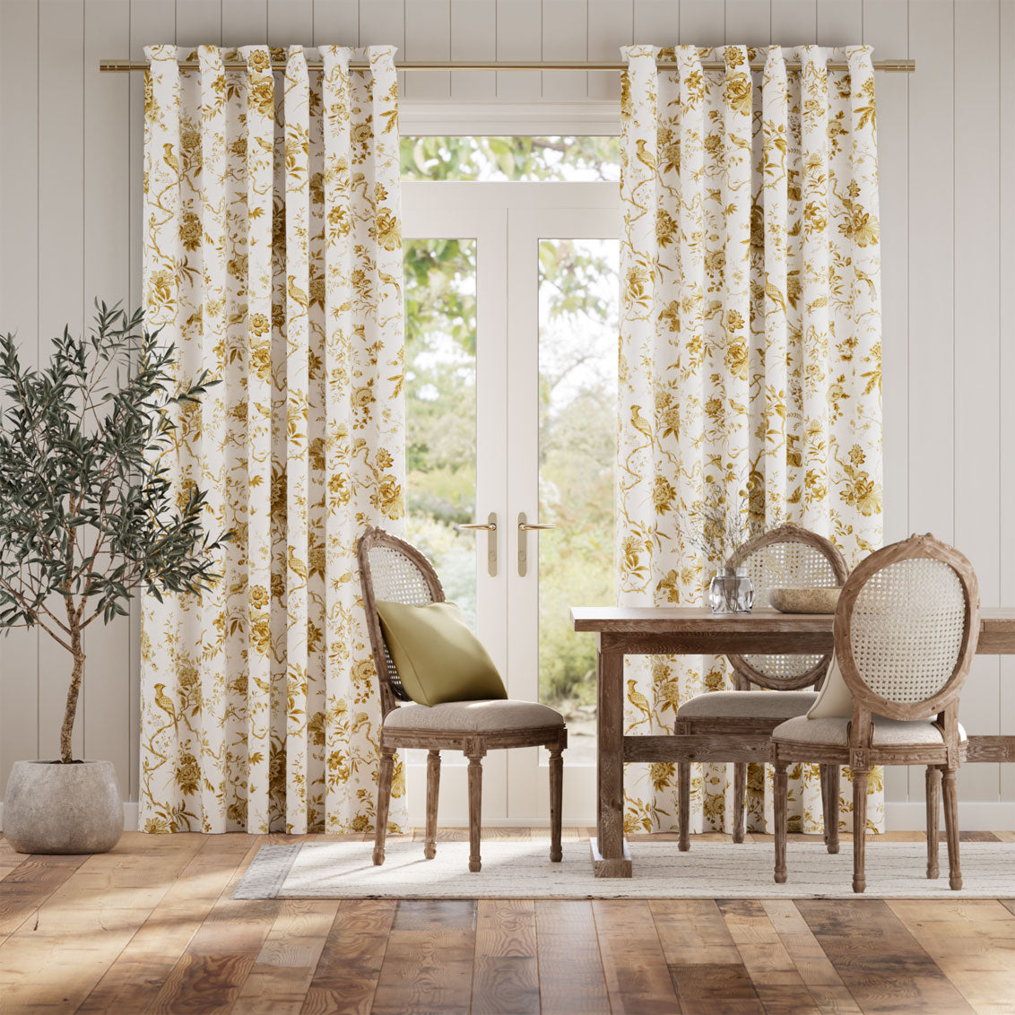 Colorized Bird Toile Gold Curtains 6133