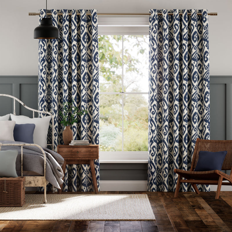 Colorized Ikat Damask Ink Blue Curtains 6139
