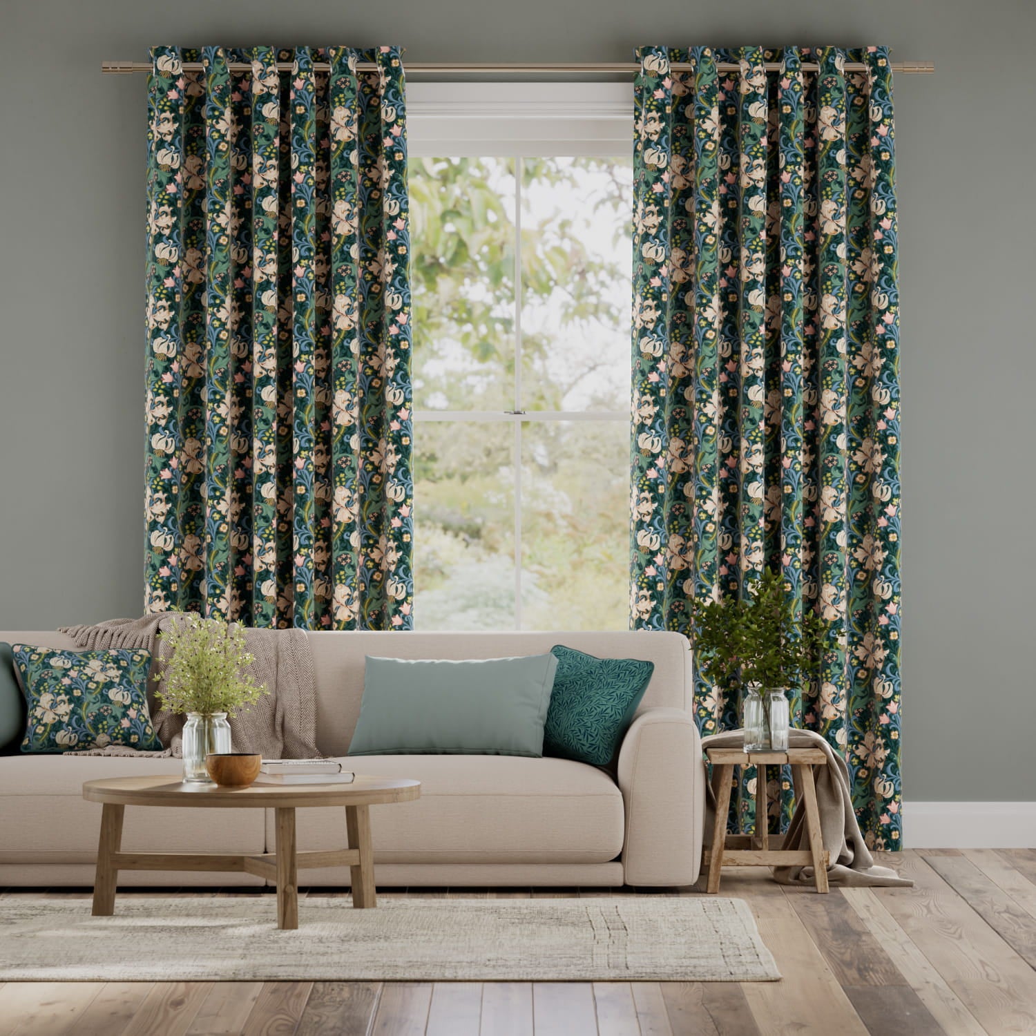 Colorized William Morris Golden Lily Evergreen Curtains 6264
