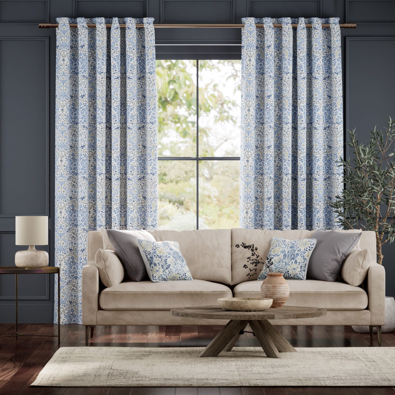Colorized William Morris Blackthorn China Blue Curtains 6276